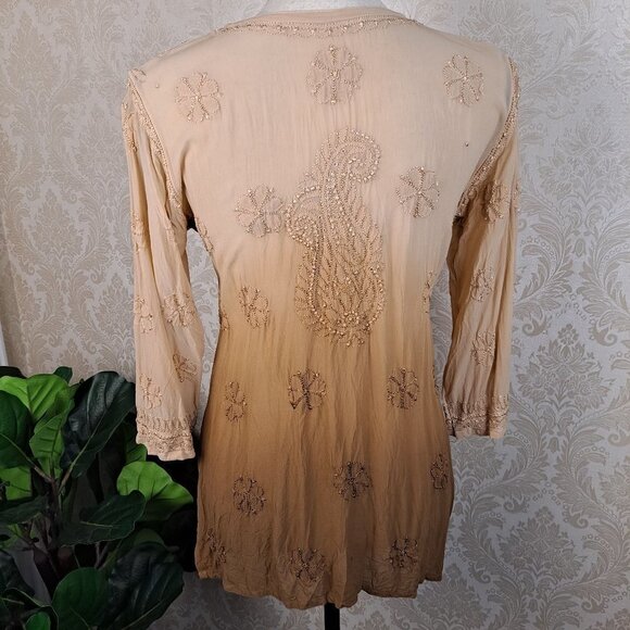 Ombre Embroidered Silk Tunic Cream/Tan/Brown 3/4 Sleeves small/Medium EUC - Picture 8 of 10